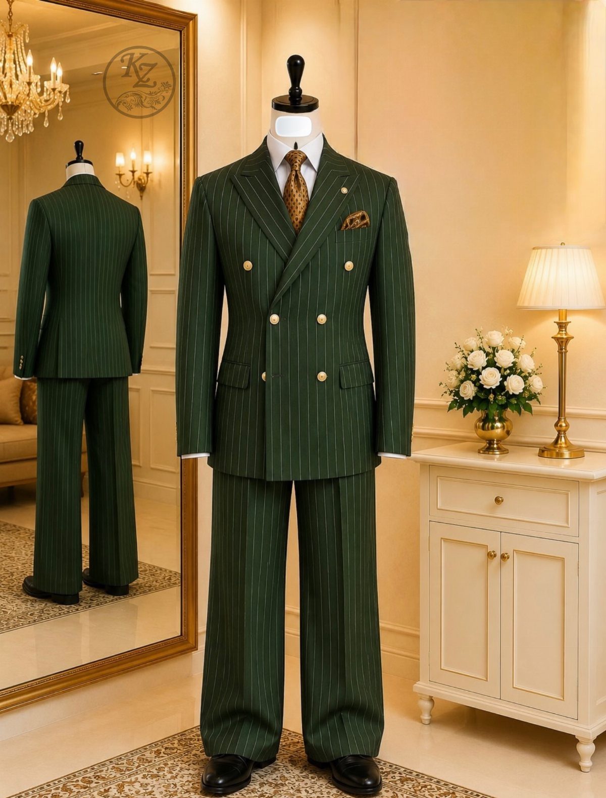 A dark green pinstriped double-breasted suit on a mannequin with a brown patterned tie.