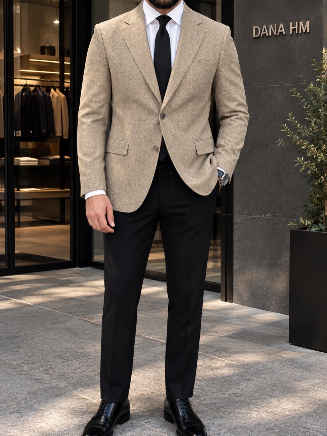 A man wearing a tan blazer, black tie, and black trousers standing outdoors.
