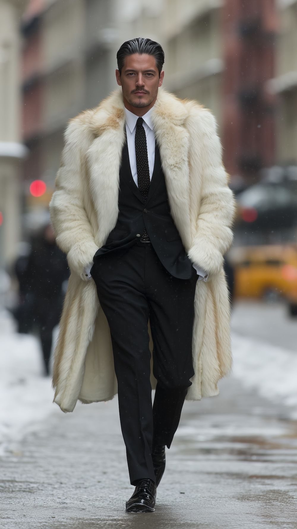 Man in a black suit walking through snow wearing a long white faux fur coat.