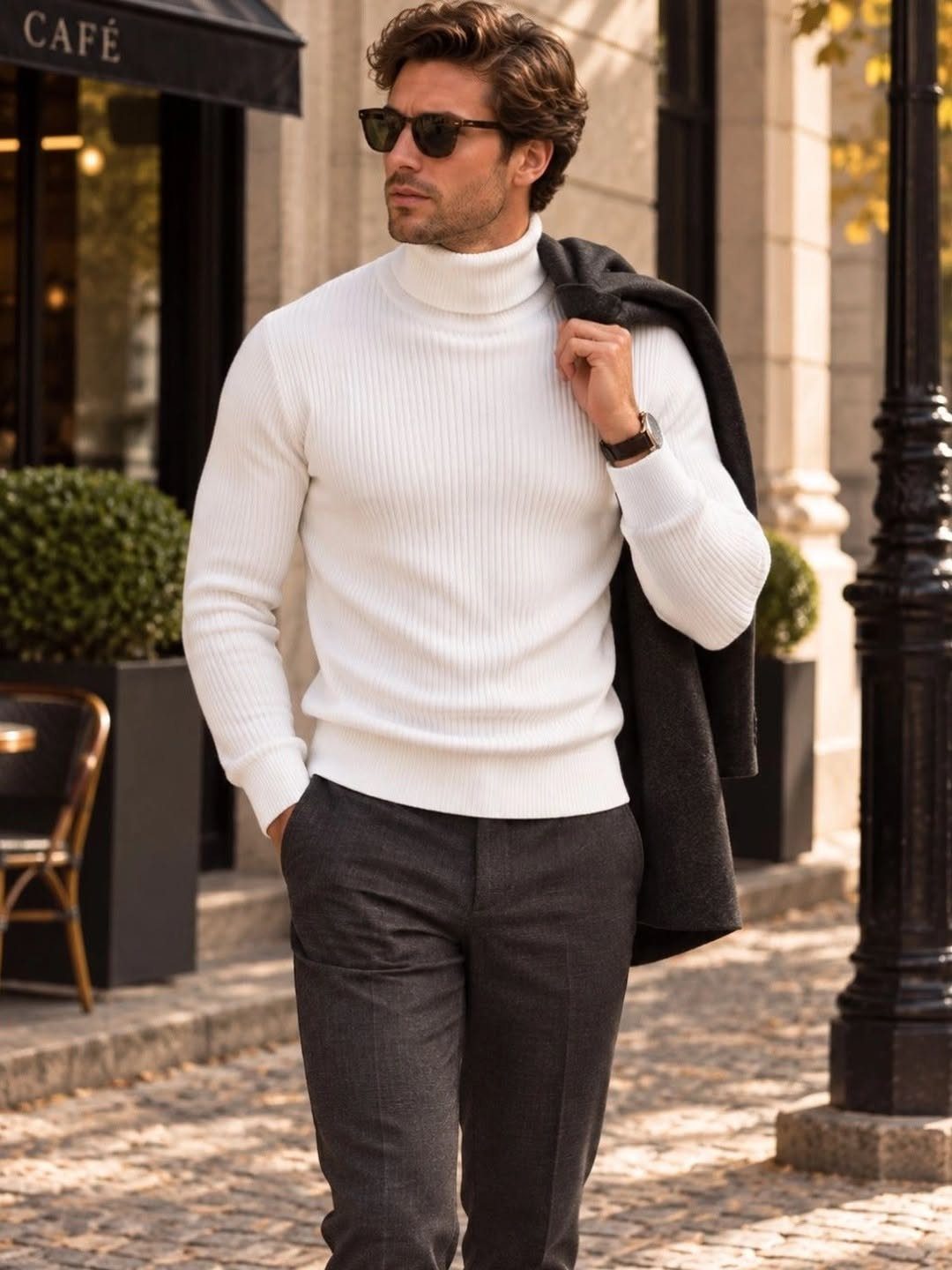 Man in a white ribbed turtleneck sweater and grey trousers standing outdoors.