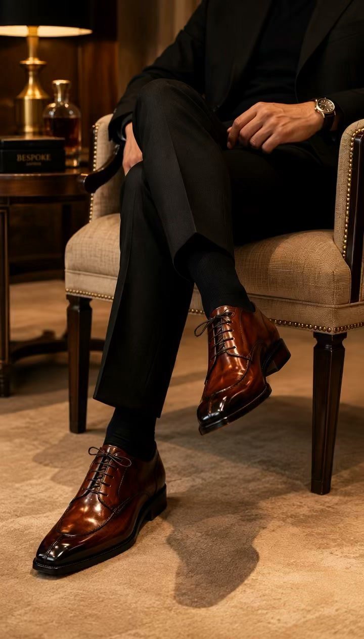 Polished dark brown leather lace-up dress shoes worn by a man in a black suit.