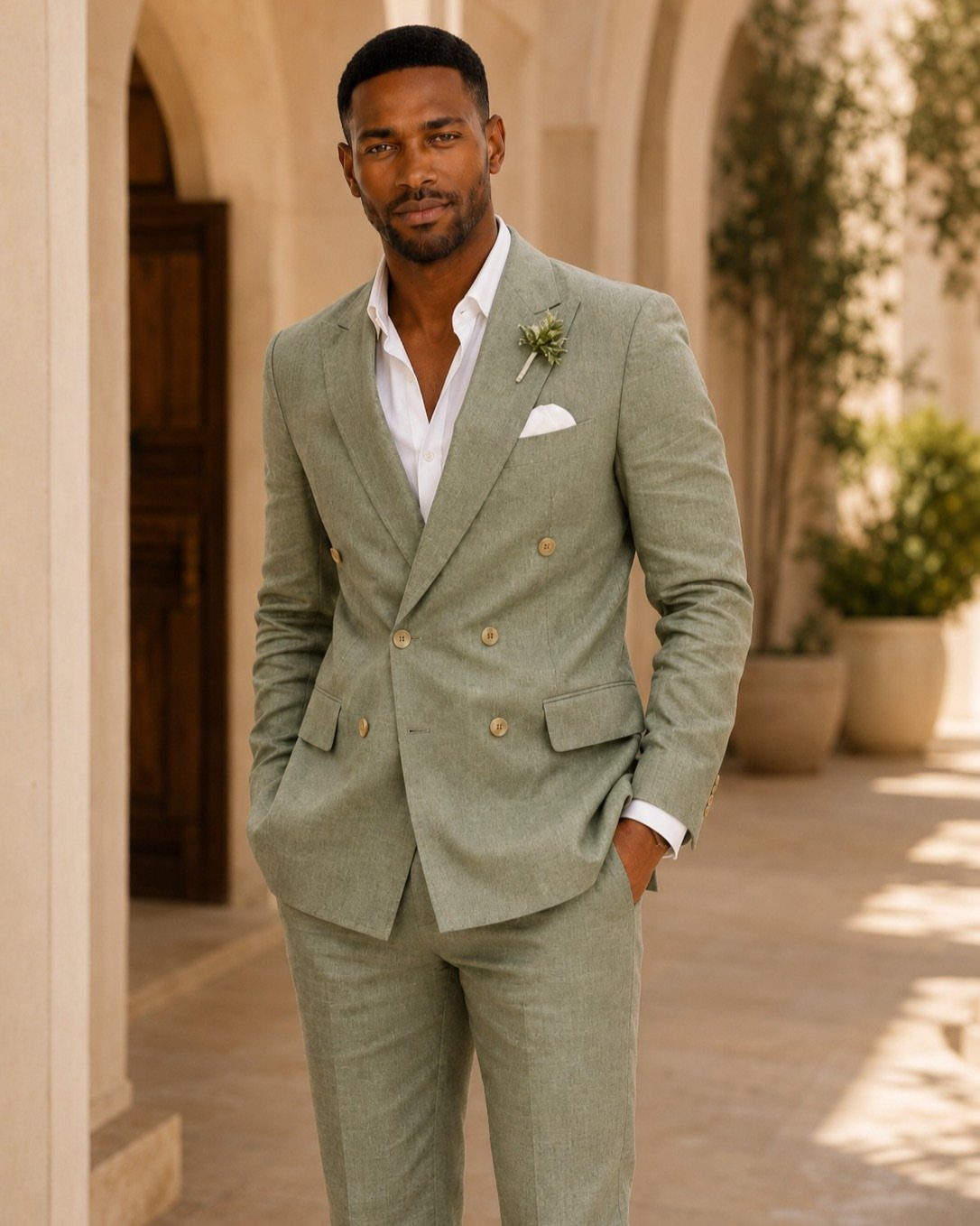 A man posing in a light green double-breasted linen suit and white shirt outdoors.