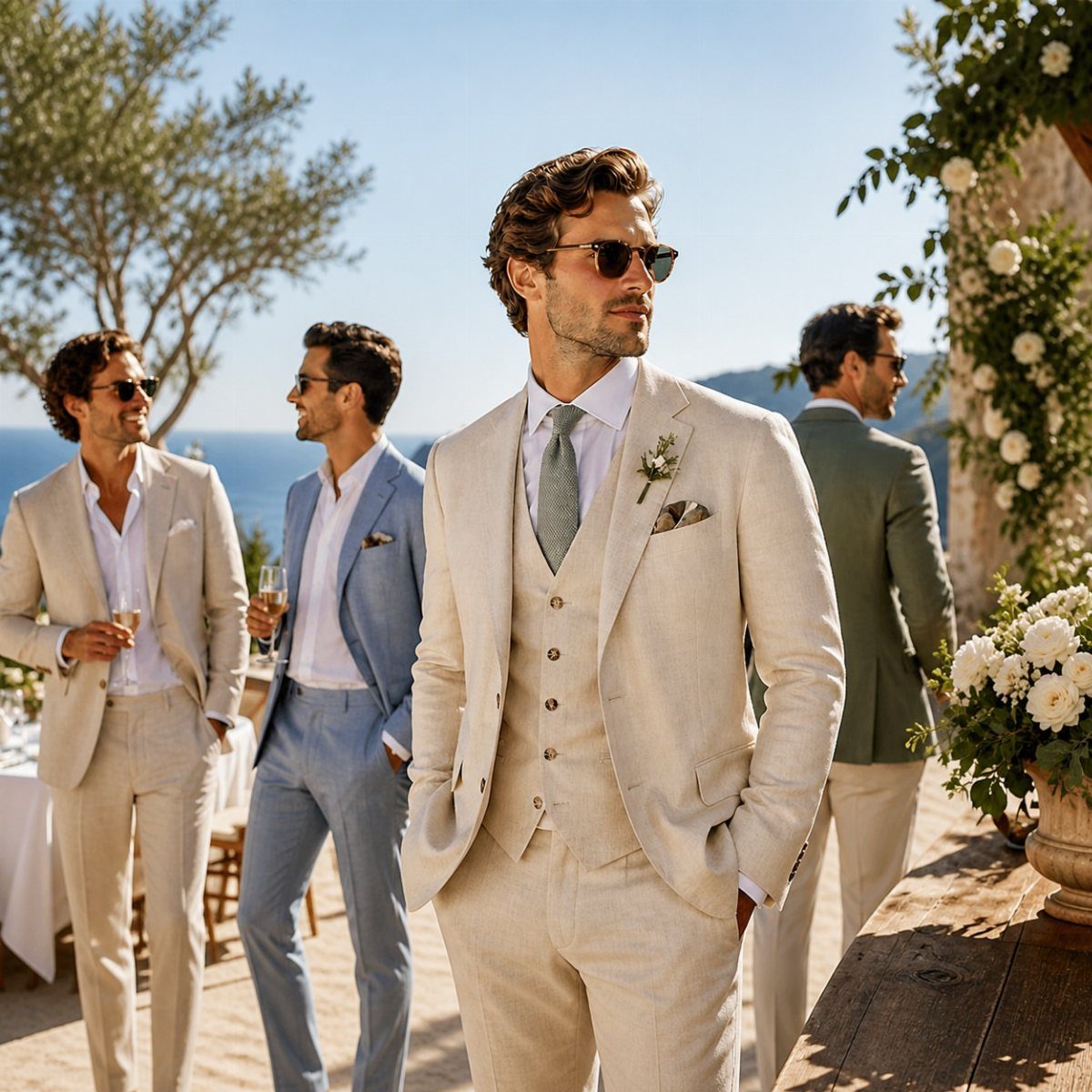 Men wearing elegant linen suits at an outdoor summer wedding by the sea.