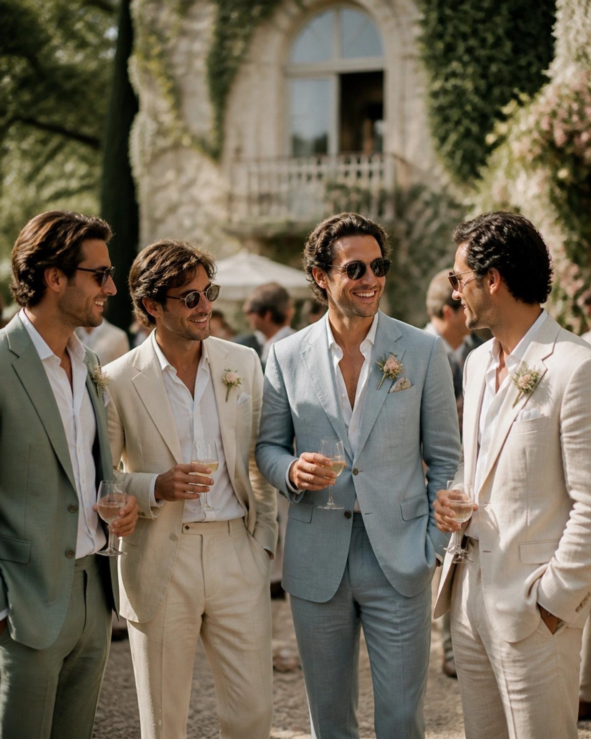 Four men wearing light-colored linen suits and sunglasses standing together outdoors holding drinks.