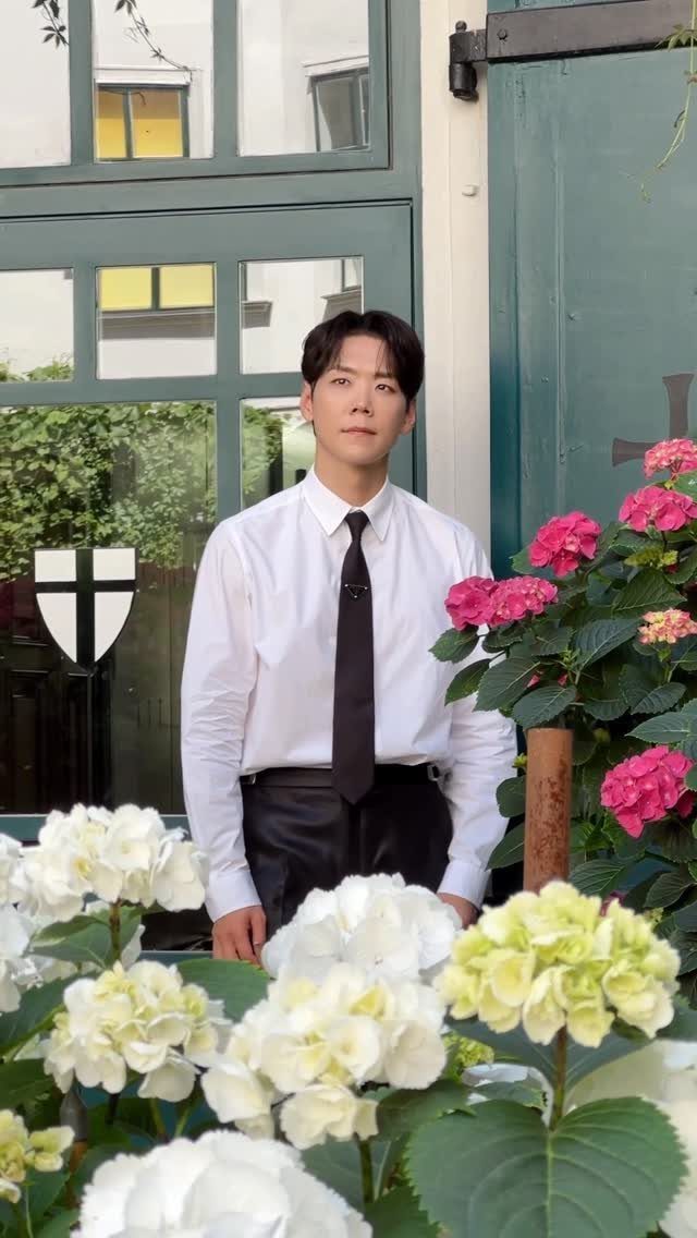 Man in a white shirt and black tie standing behind blooming hydrangea flowers.