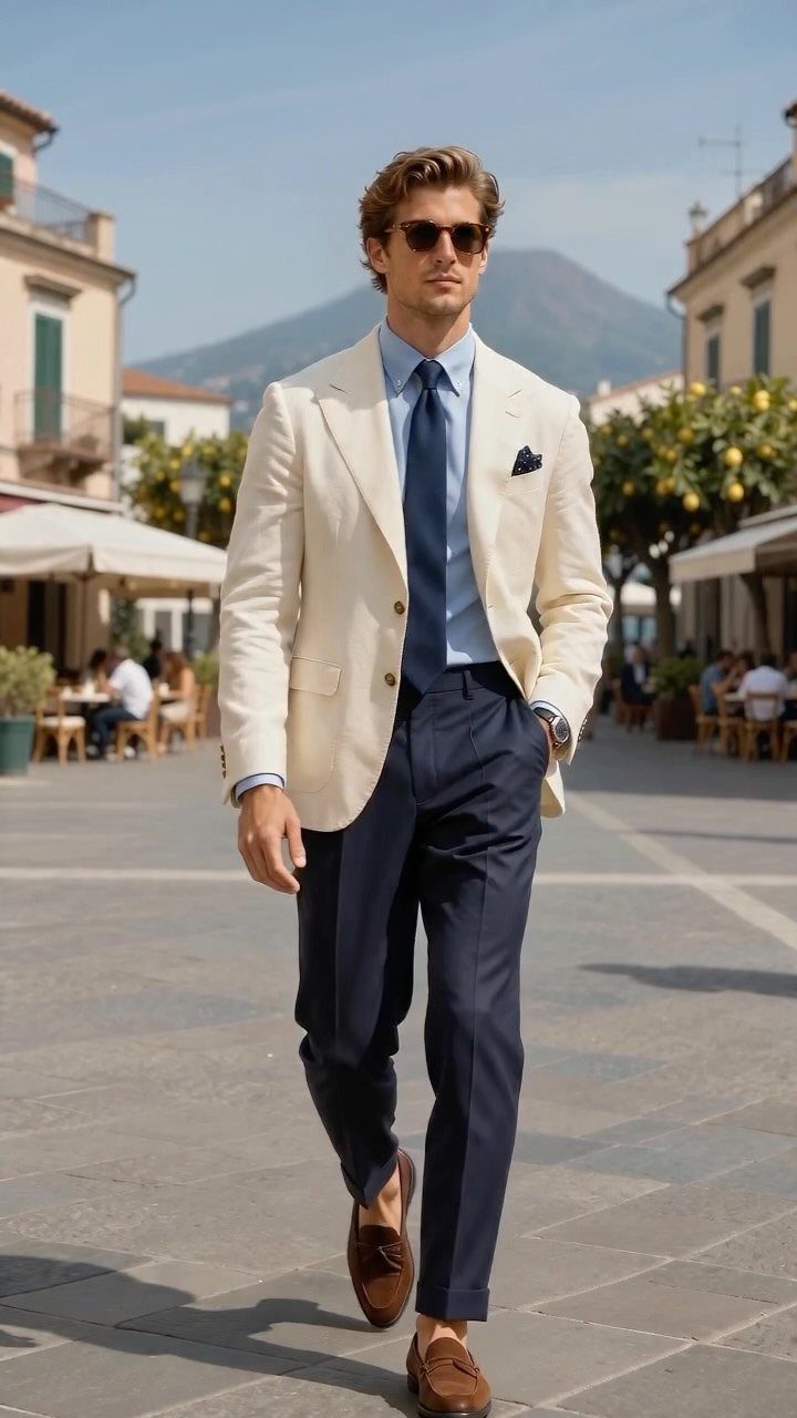 A man walking in a plaza wearing a cream blazer, blue shirt, navy tie, and navy trousers.