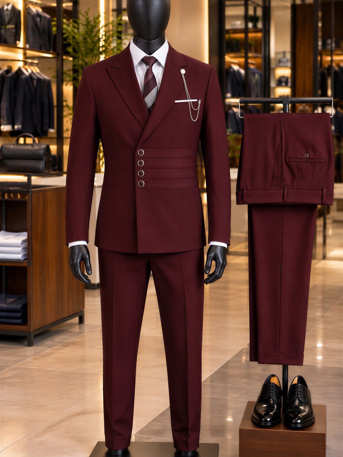 A maroon men's suit on a mannequin with matching trousers and black dress shoes.
