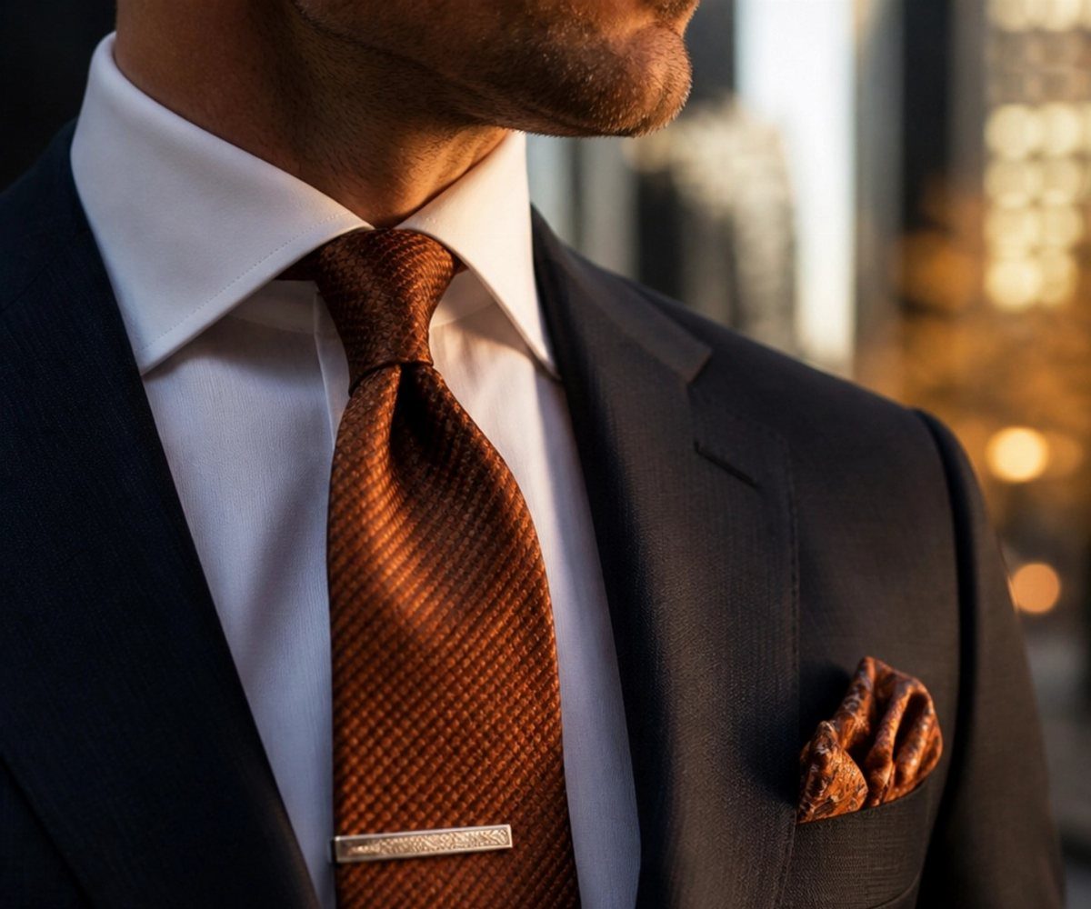 Man in a navy suit wearing a copper tie with a silver clip and matching pocket square.