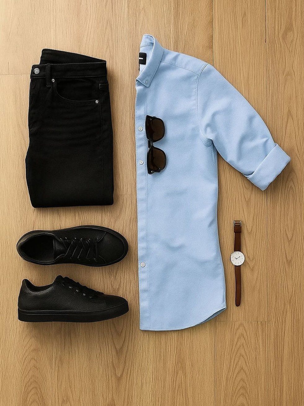 Flat lay of a light blue shirt, black jeans, black sneakers, sunglasses, and a leather strap watch.