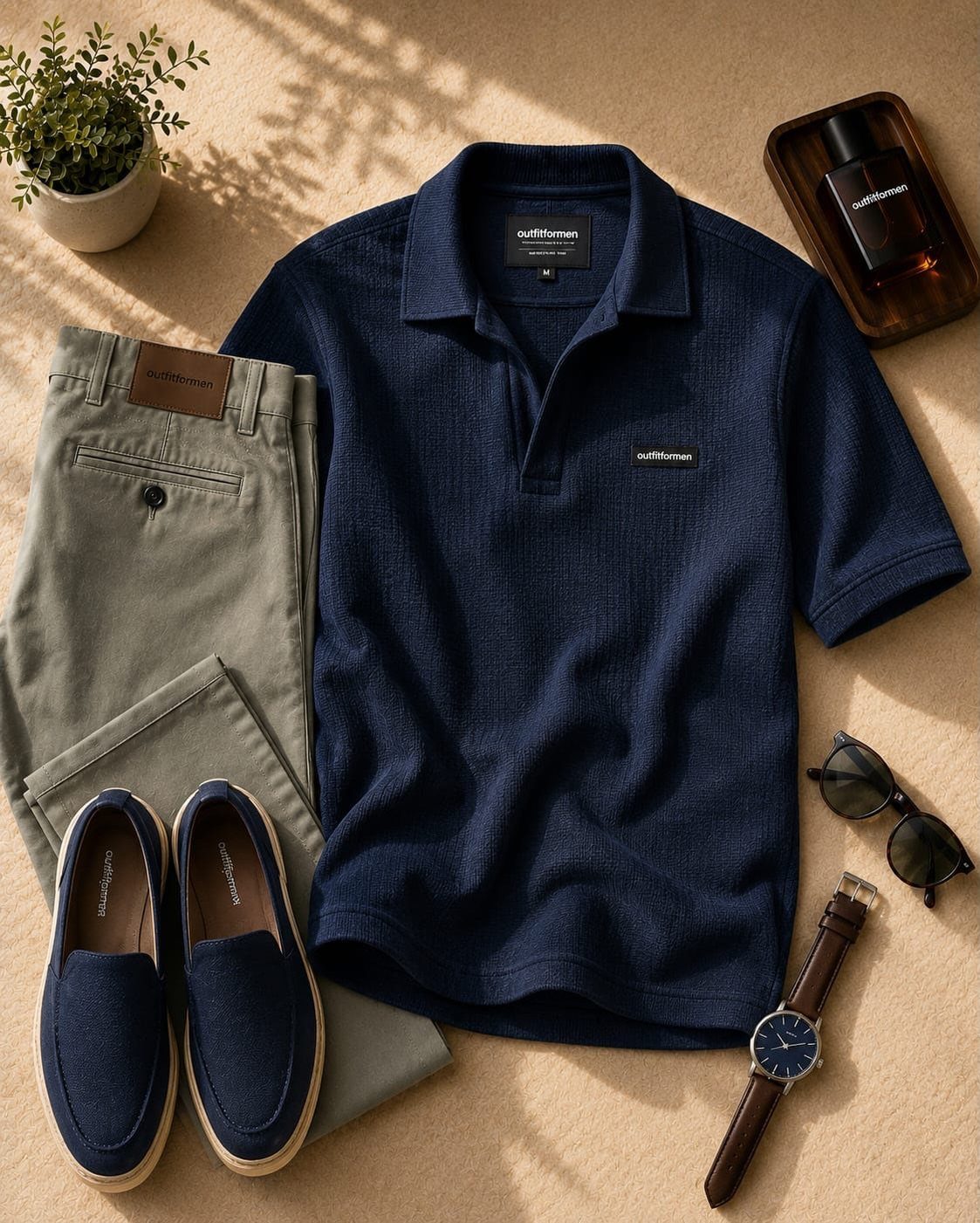 Navy polo shirt, khaki trousers, and blue loafers arranged with accessories on a tan background.