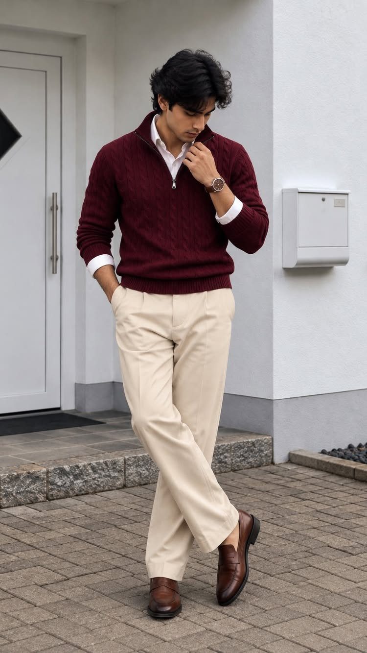 Man in maroon cable-knit sweater, white shirt, cream trousers, and brown leather loafers standing outdoors.