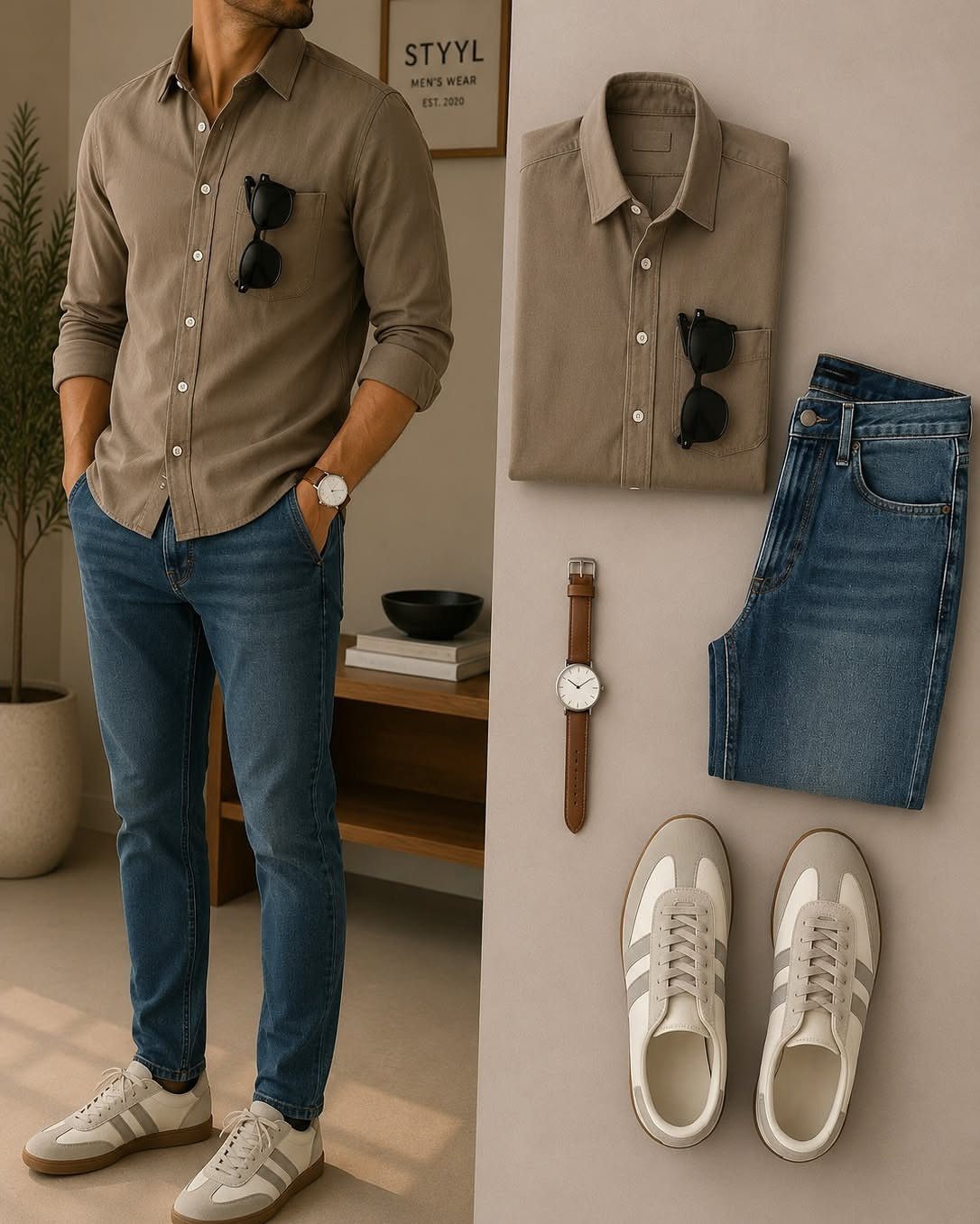 Man in tan shirt and blue jeans standing next to a flat lay of clothing items.