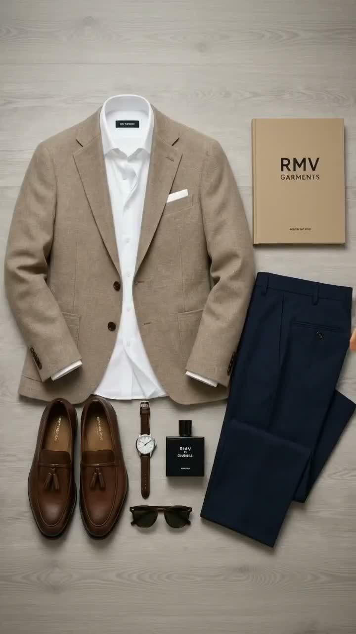 Tan unstructured blazer, white shirt, navy trousers, and brown leather loafers laid out on wood.