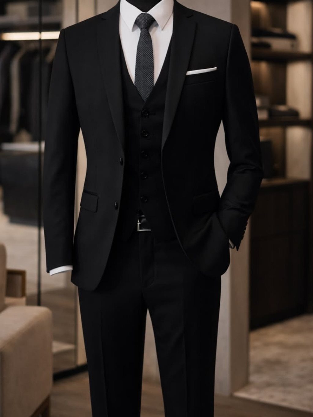 A man dressed in a formal black three-piece suit with a grey tie and white pocket square.