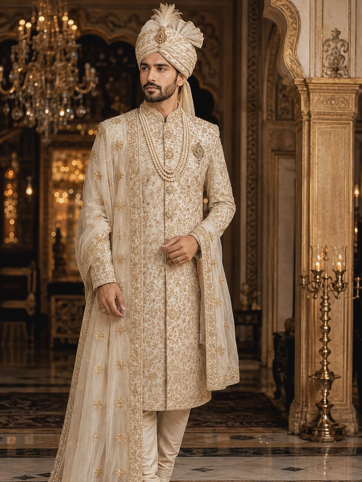 A man in a cream embroidered sherwani and turban posing in a grand palace.