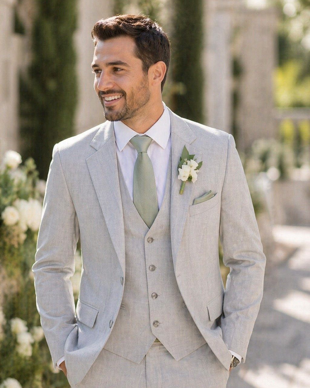 A smiling man in a light grey three-piece suit and sage green tie standing outdoors.