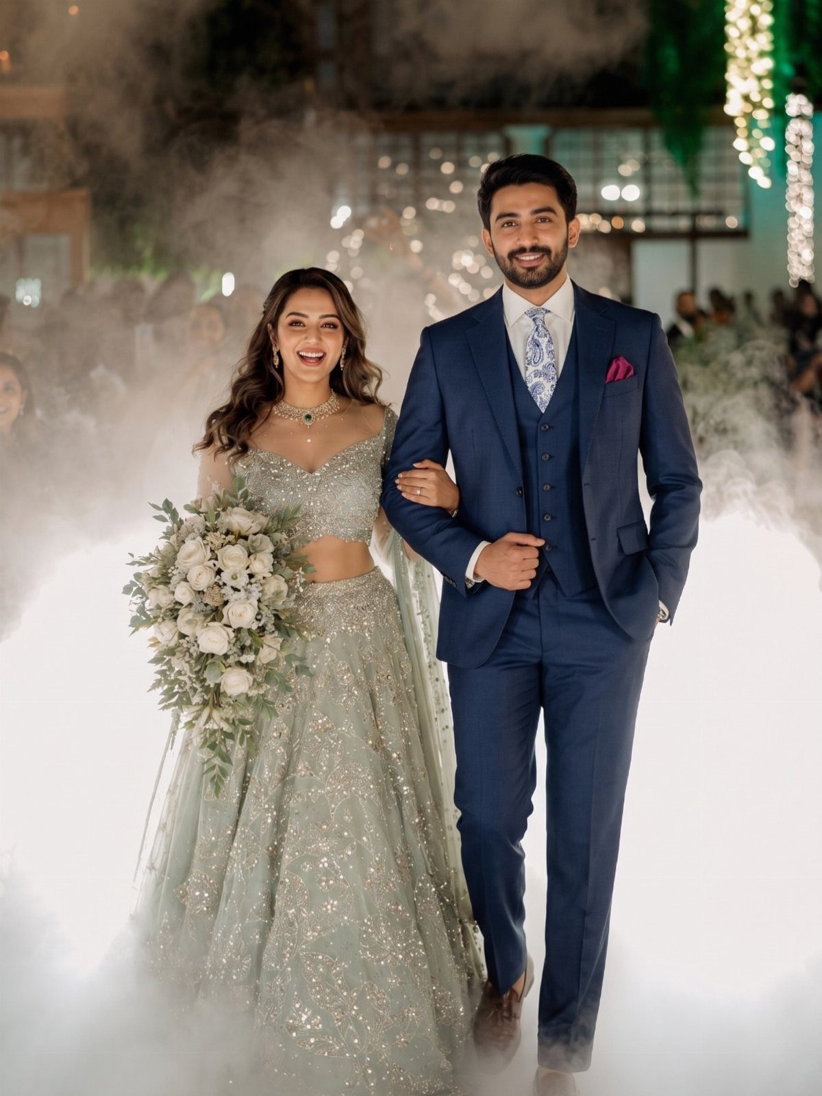 A man in a midnight blue suit walks with a woman in a sparkling green dress through fog.