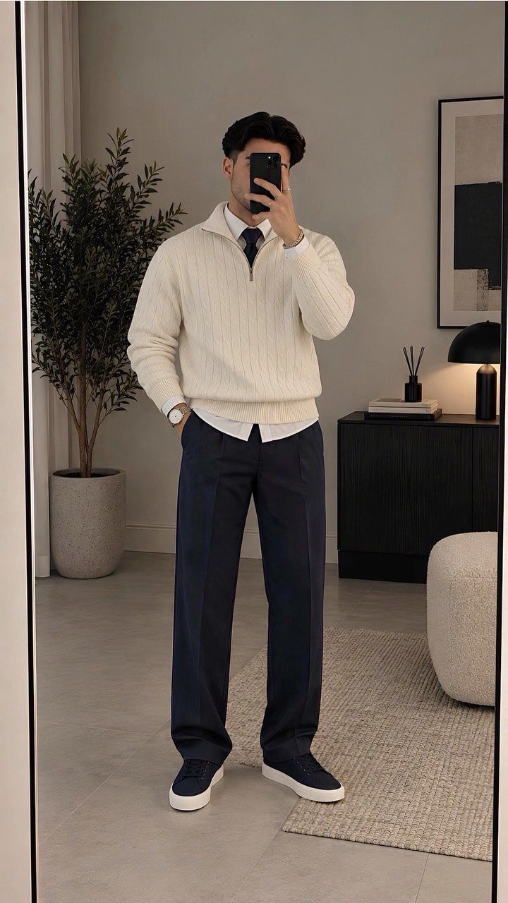 Man in a white cable knit sweater, white shirt, tie, and navy trousers posing for a selfie.