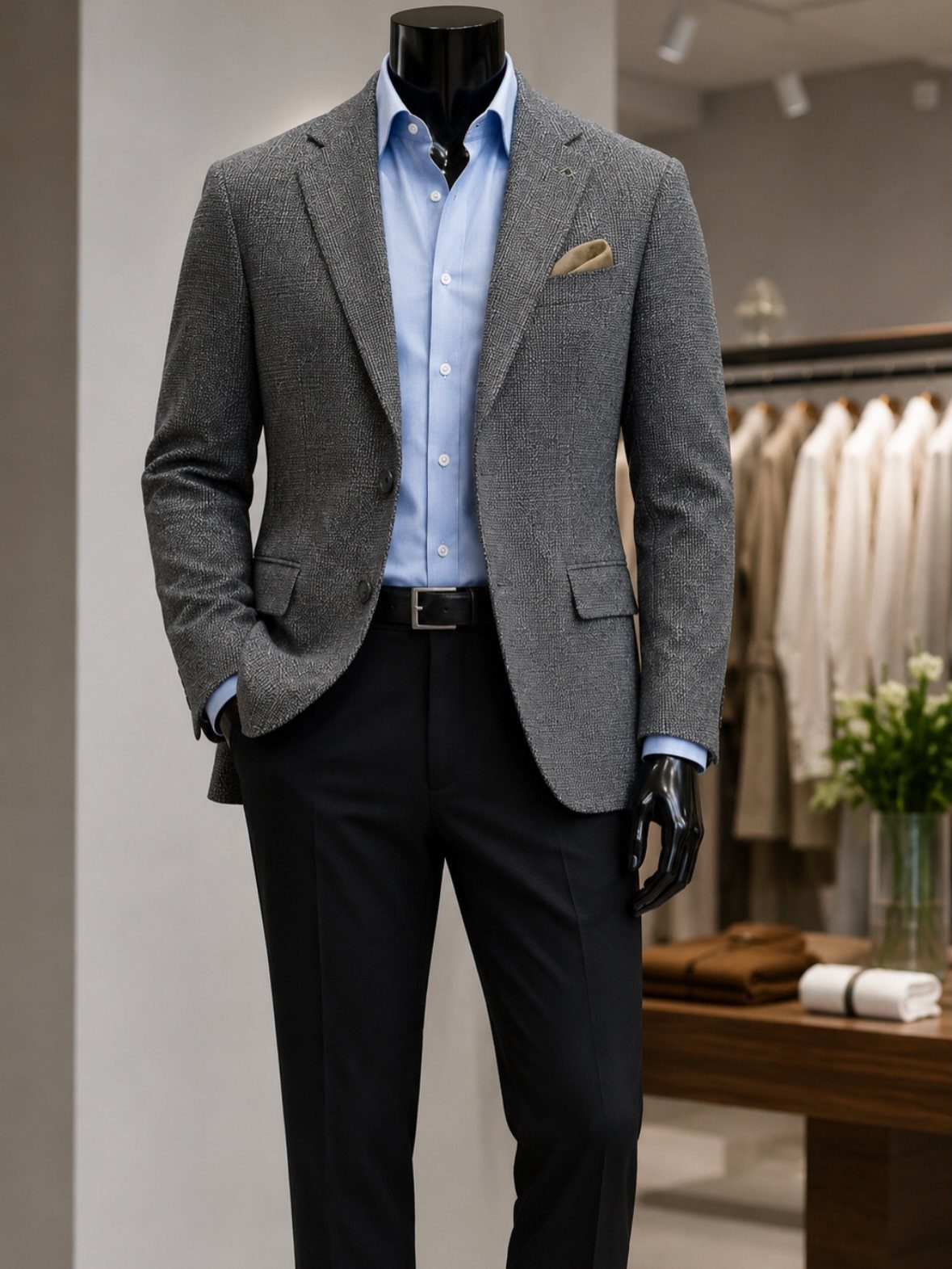 Mannequin wearing a grey textured unstructured blazer, light blue shirt, and black trousers.
