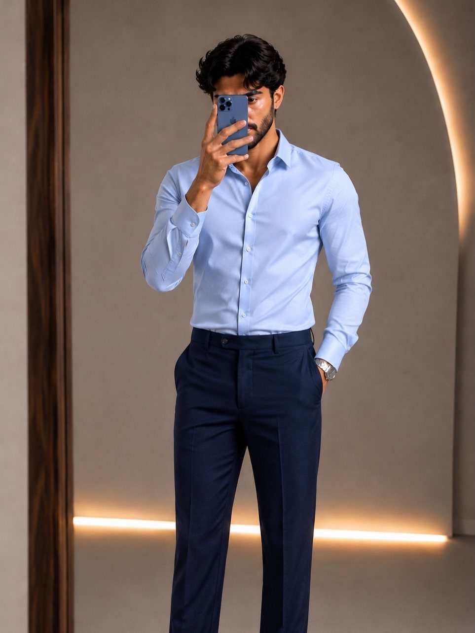 A man in a light blue shirt and navy blue fitted dress pants taking a selfie.