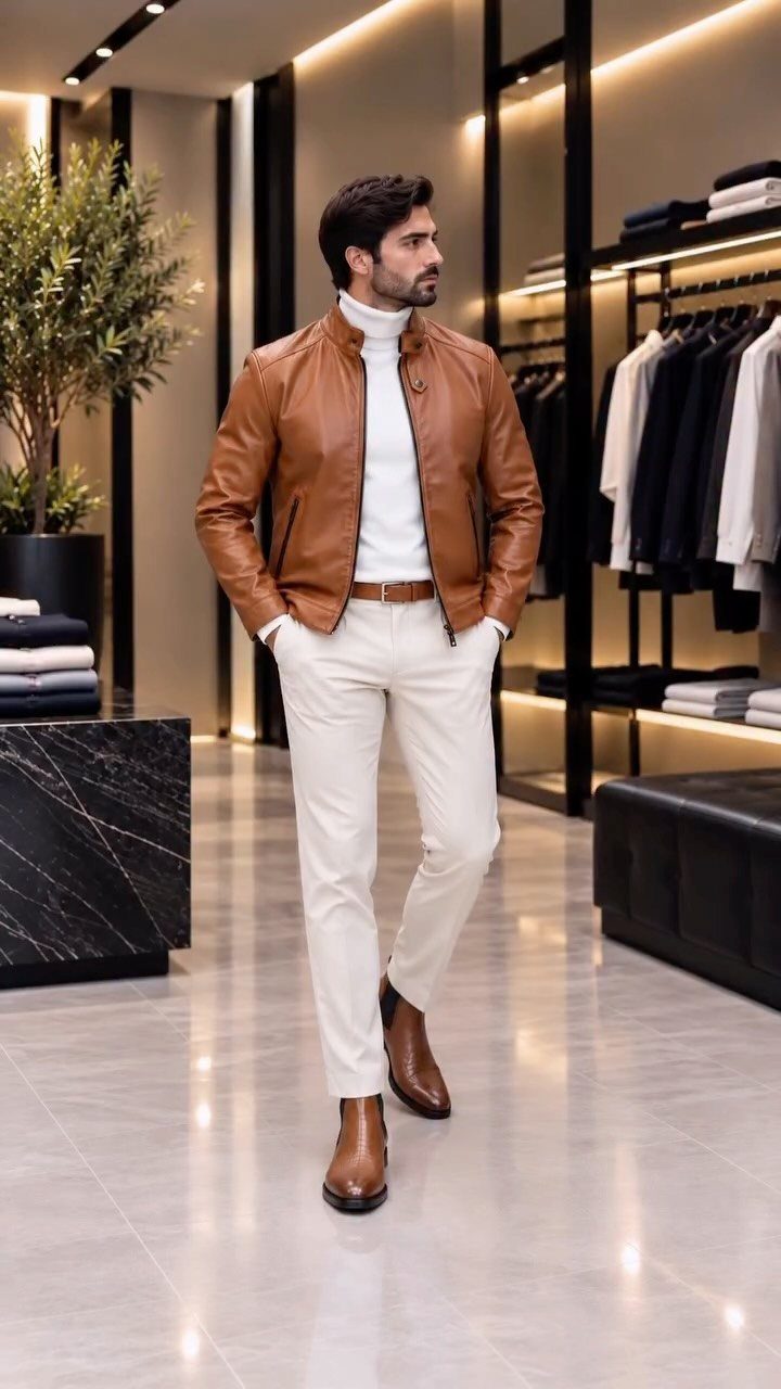 A man wearing a brown leather jacket, white turtleneck, and white trousers in a boutique.