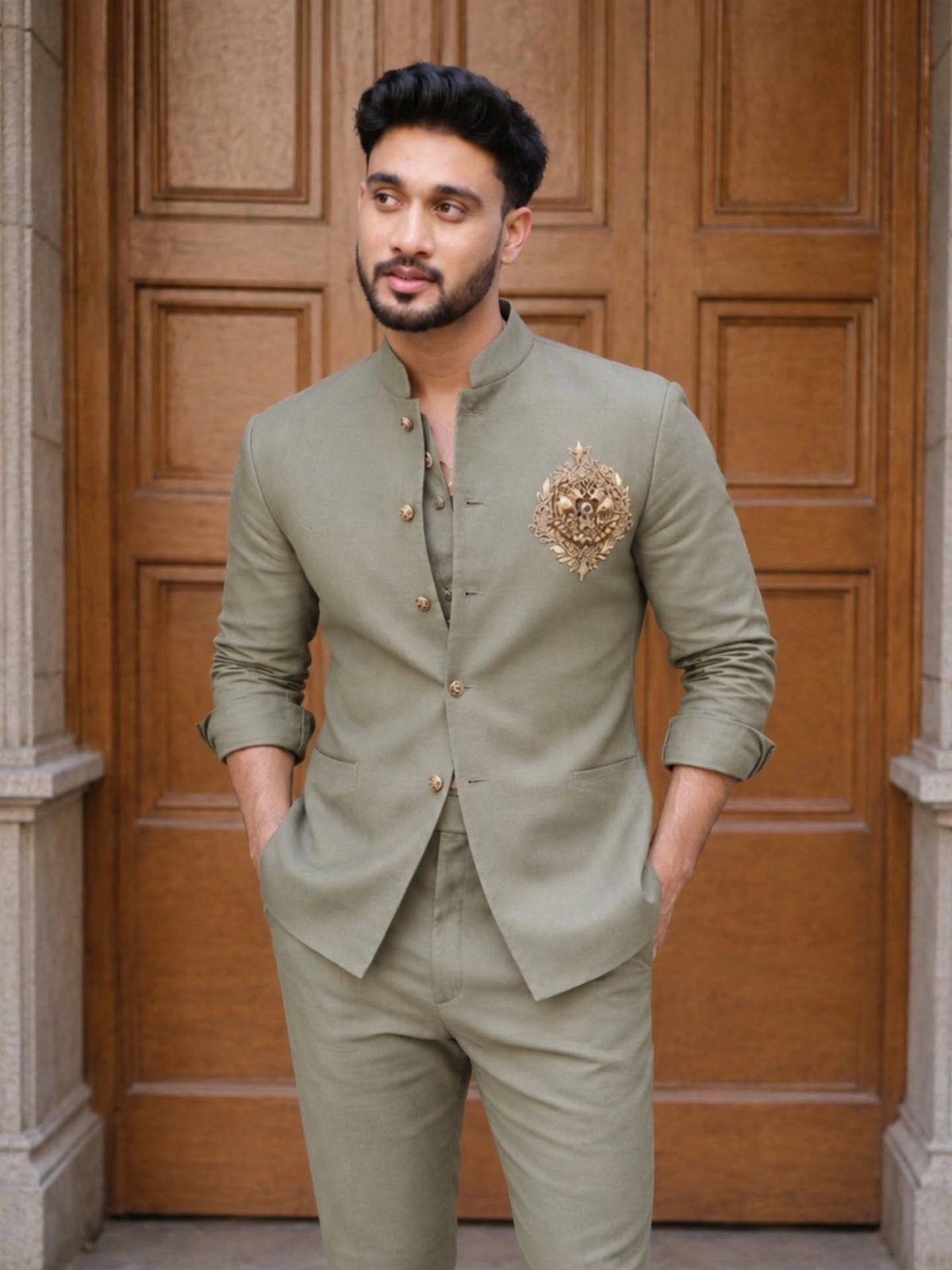 A man wearing a sage green Nehru jacket and matching trousers standing before a wooden door.