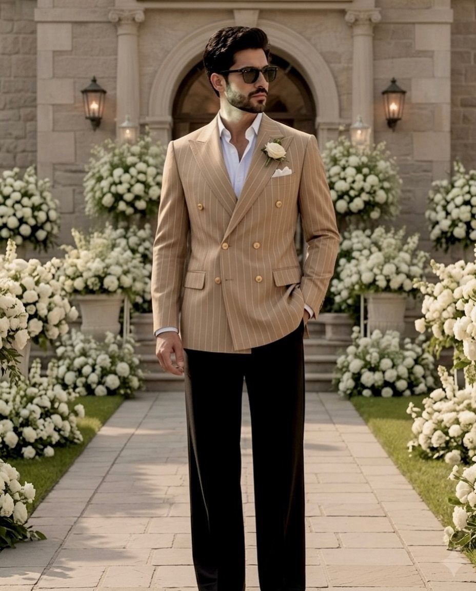 Man in a tan pinstripe blazer and white shirt standing amidst white flowers.