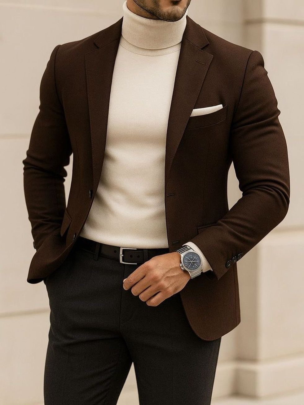 A man dressed in a brown blazer, cream turtleneck, and dark trousers standing outdoors.