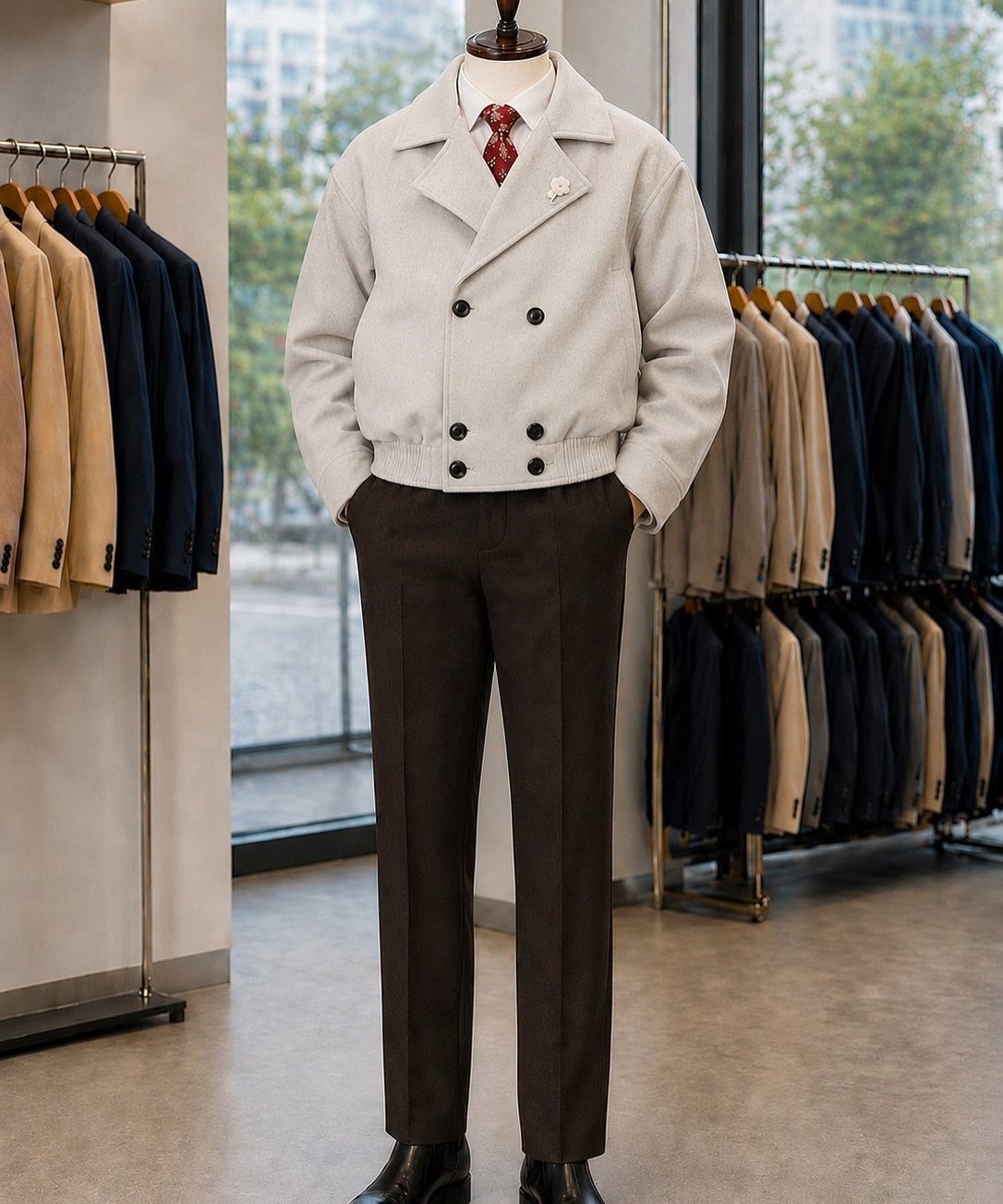 A mannequin dressed in a light grey jacket, white shirt, red tie, and dark brown trousers.