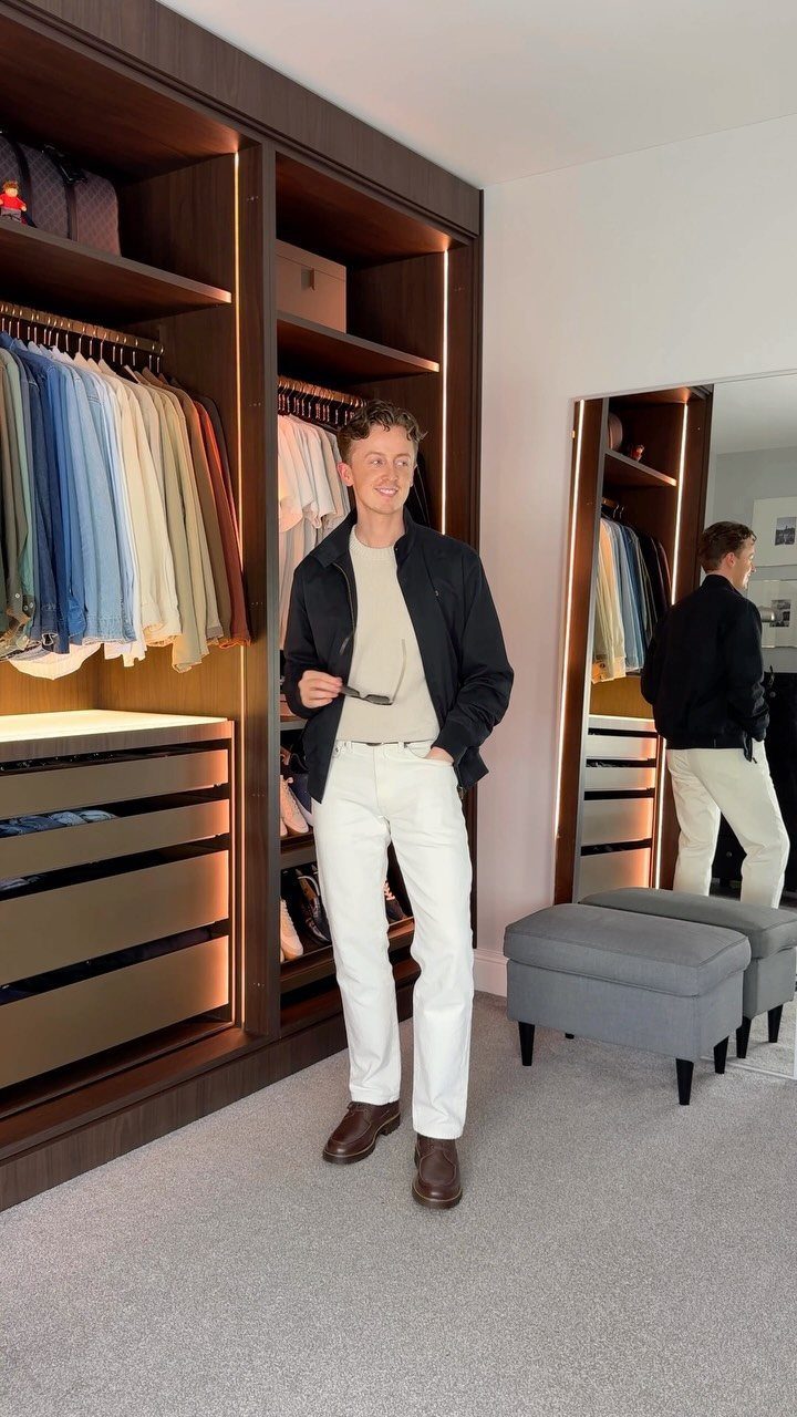 A man posing in a stylish outfit standing in front of an organized modern wardrobe.