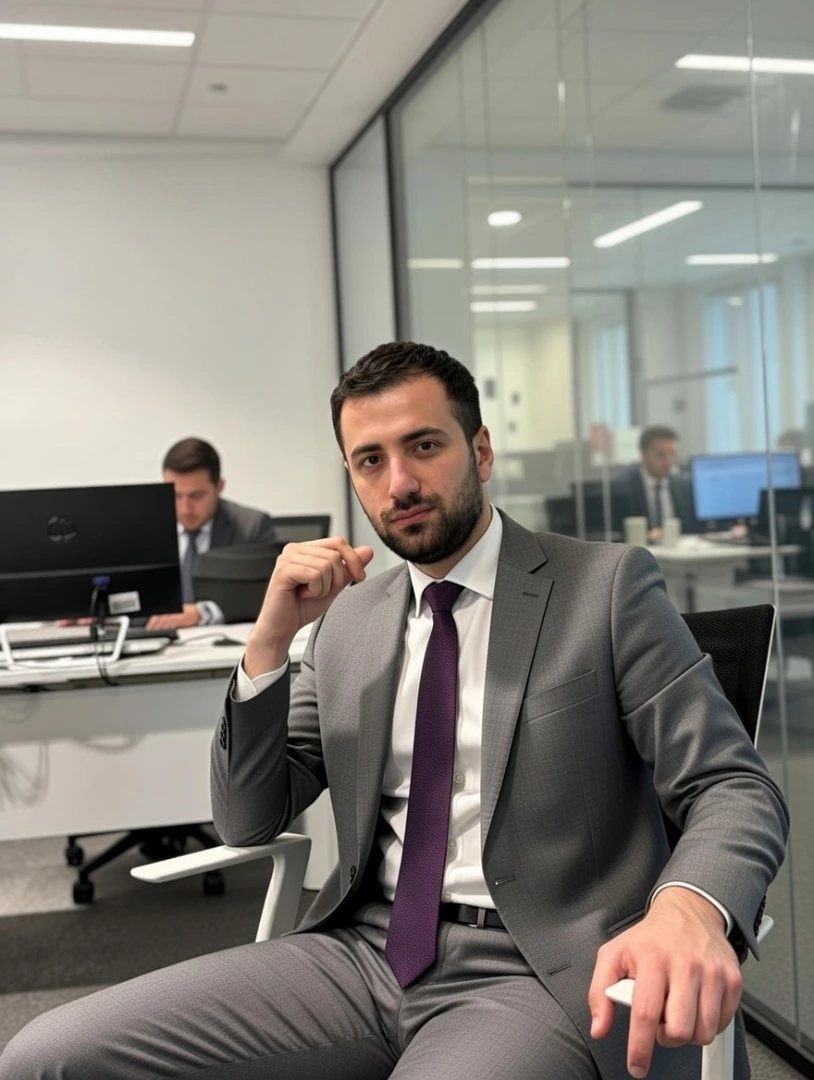 A man in a grey suit and purple tie sitting in a modern office environment.