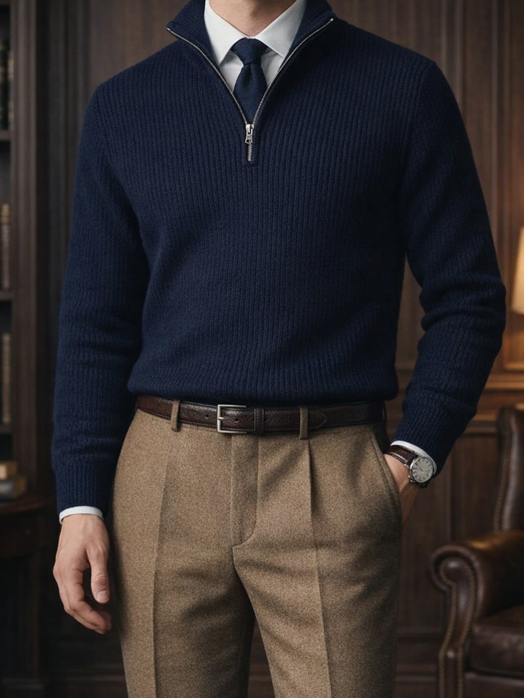 Man dressed in a navy quarter-zip sweater, white shirt, tie, and brown pleated trousers.