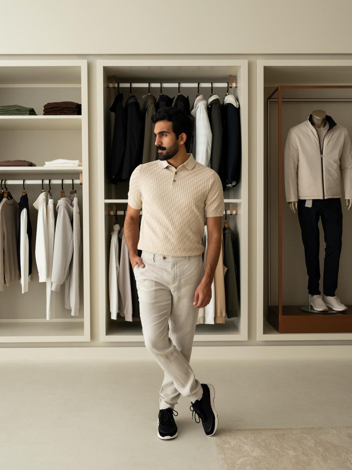 Man in a cream polo and light grey trousers posing in a modern walk-in closet.