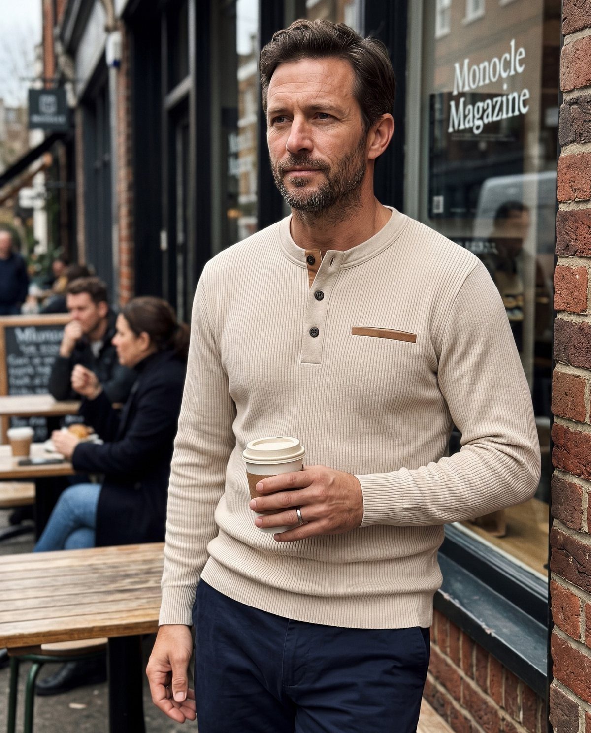 Man in a beige ribbed henley shirt and navy trousers holding a coffee cup outdoors.
