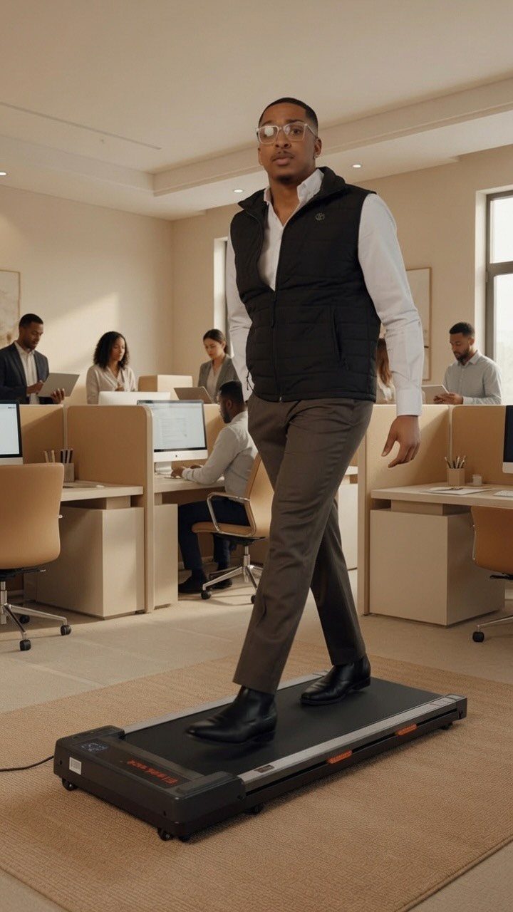 A man in smart casual attire walking on a treadmill inside a modern office space.