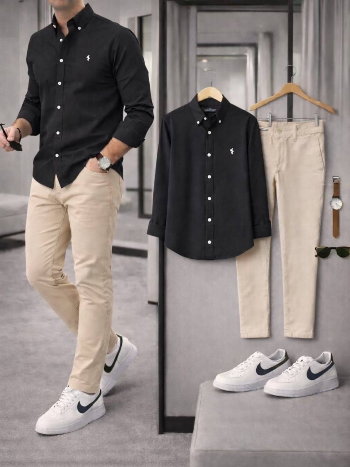 Man in black button-down shirt and beige chinos paired with white sneakers.