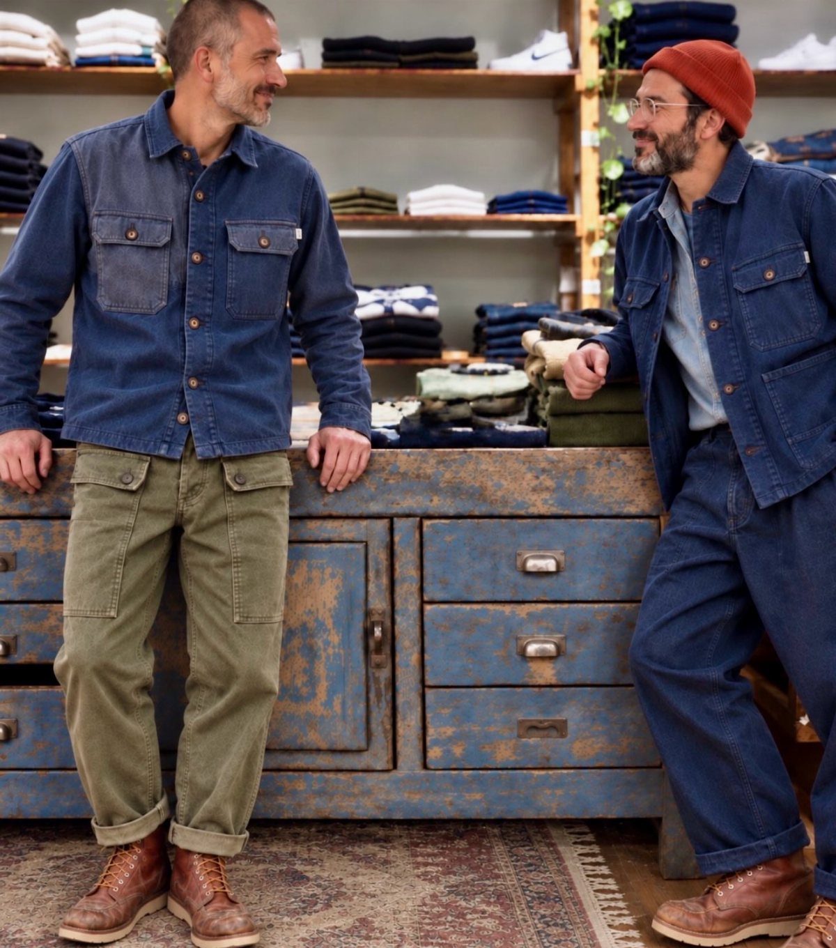 Two men wearing denim shirts and rugged workwear trousers leaning against a blue wooden counter.