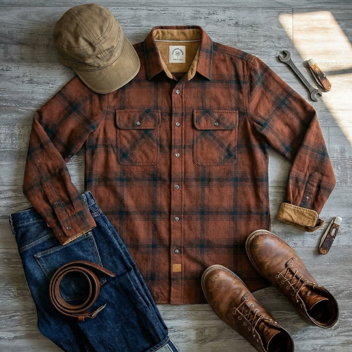 Flat lay of workwear clothing including a plaid flannel shirt, denim jeans, leather boots, and tools.