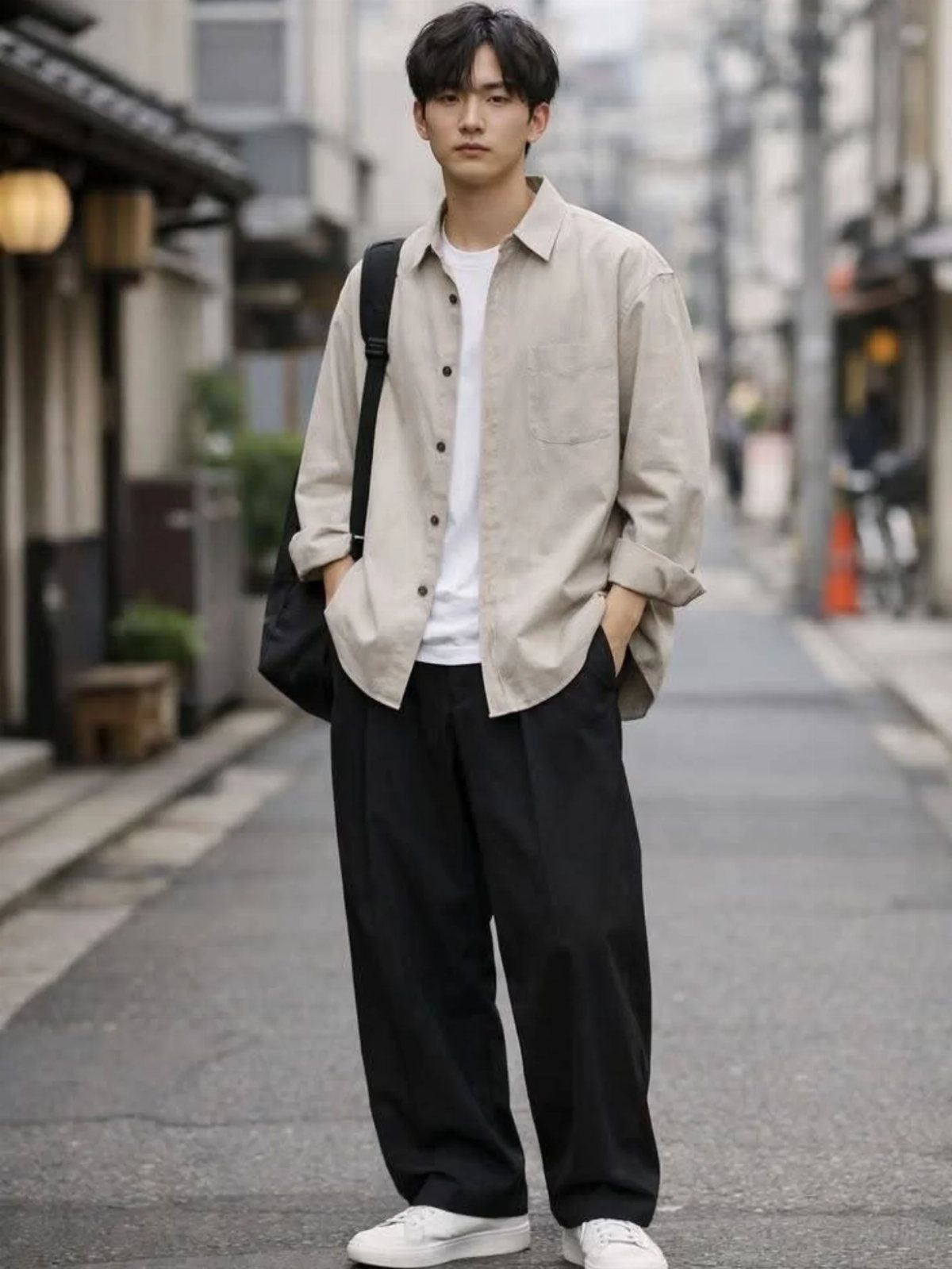 Man wearing a beige shirt, white t-shirt, black wide-leg trousers, and white sneakers on a street.
