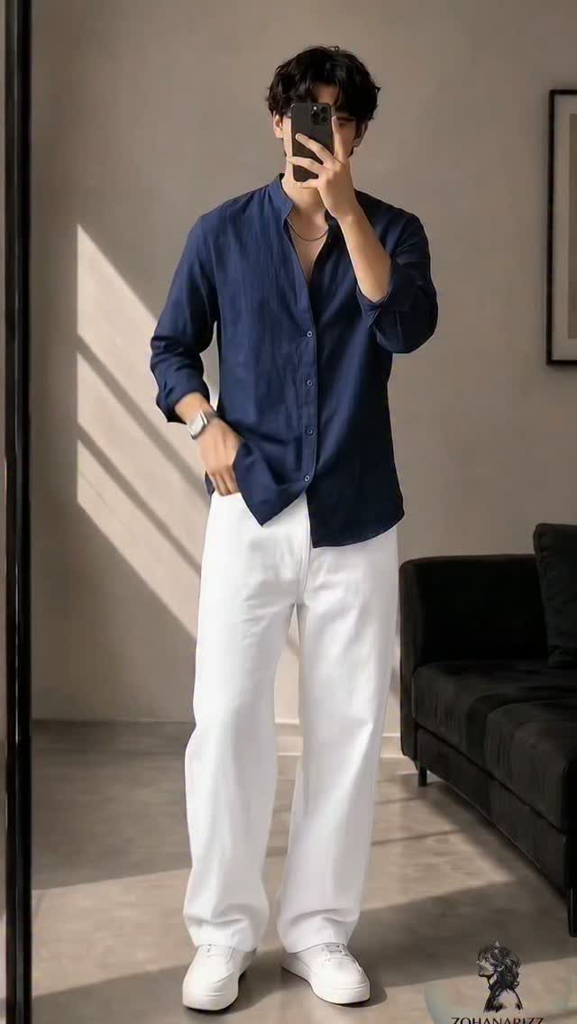 Man in navy blue button-down shirt and white trousers posing for a mirror selfie.