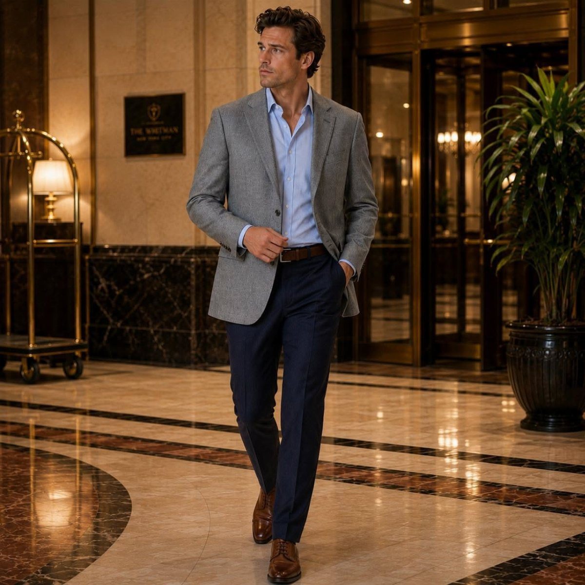Man walking in a hotel lobby wearing a grey blazer, blue shirt, and navy dress pants.
