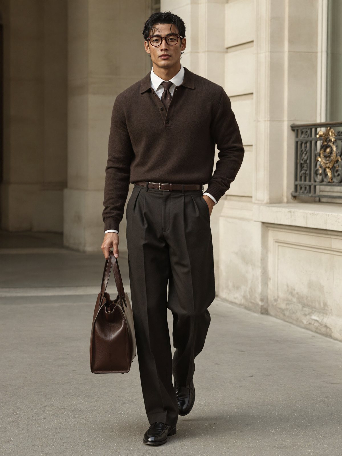 Man walking in dark brown business casual attire carrying a leather bag outdoors.