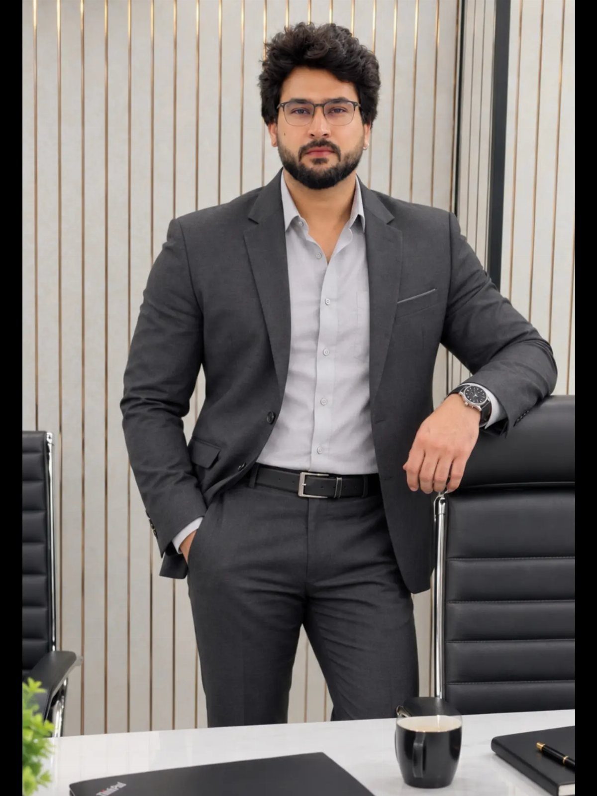 A man wearing a professional dark grey suit and light grey shirt standing in an office.