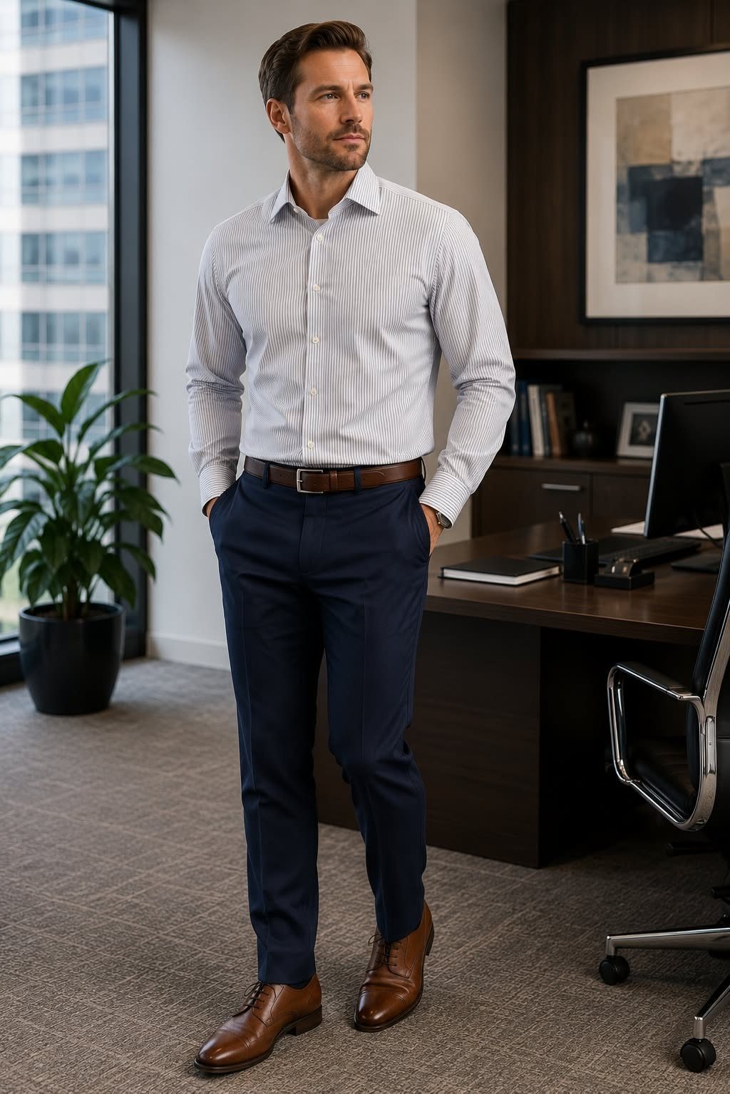 A man wearing a striped button-down shirt and navy dress pants standing in an office.