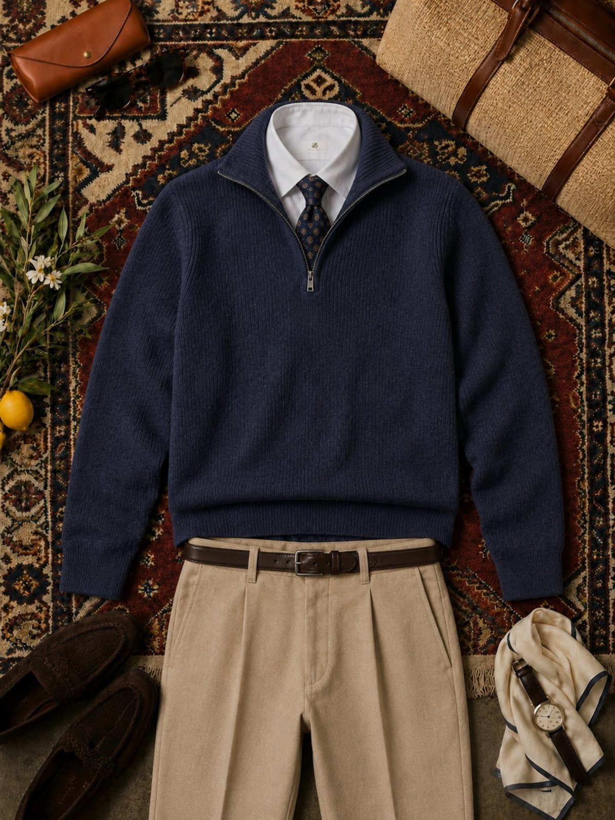 A flat lay arrangement of a navy quarter-zip sweater, beige trousers, and brown loafers on a rug.