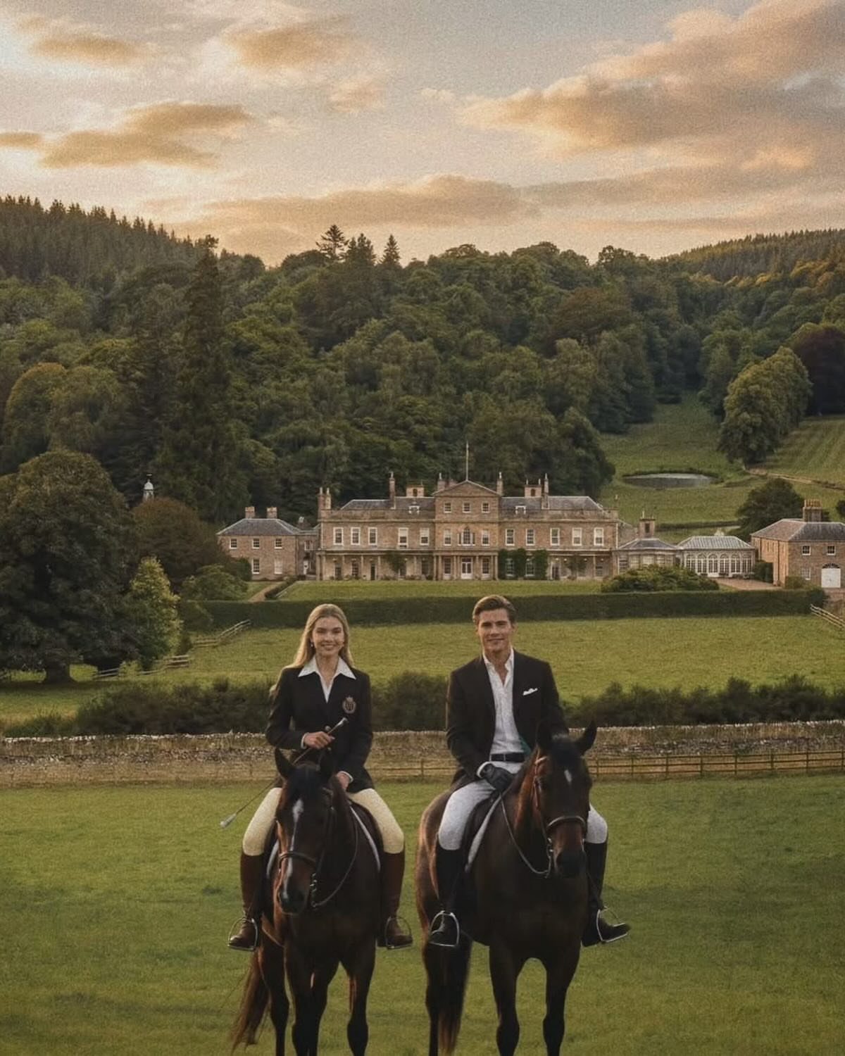 Two people in riding gear sitting on horses in front of a large country estate.