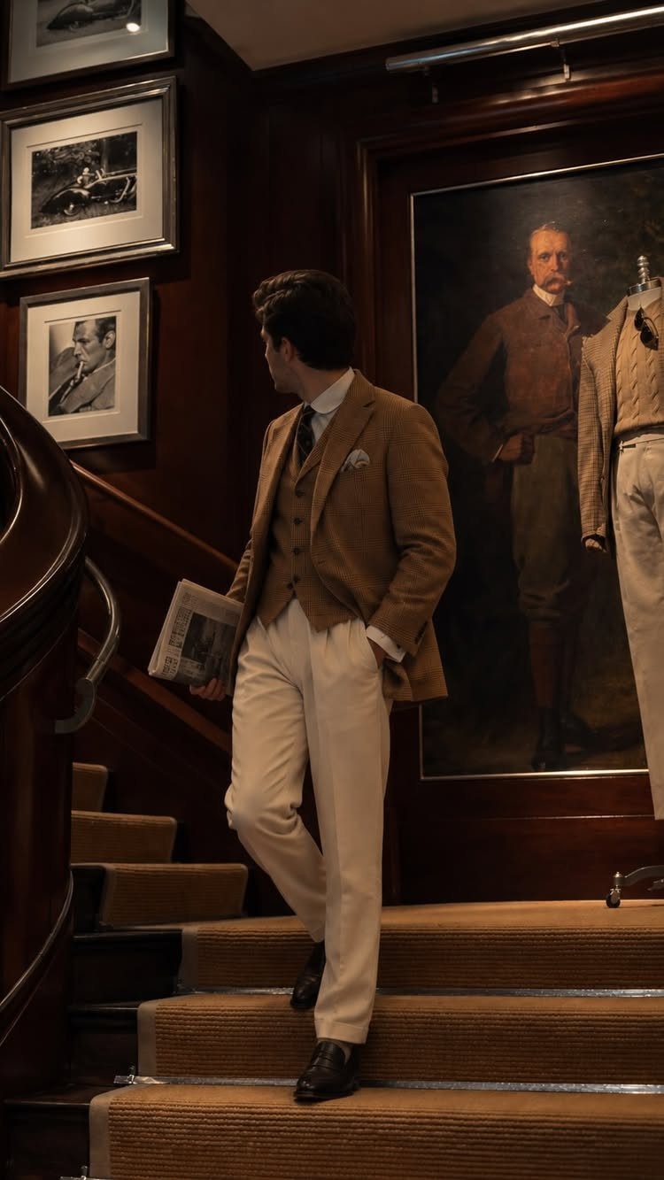 Man wearing a brown blazer and cream trousers walking down a dark wood staircase.