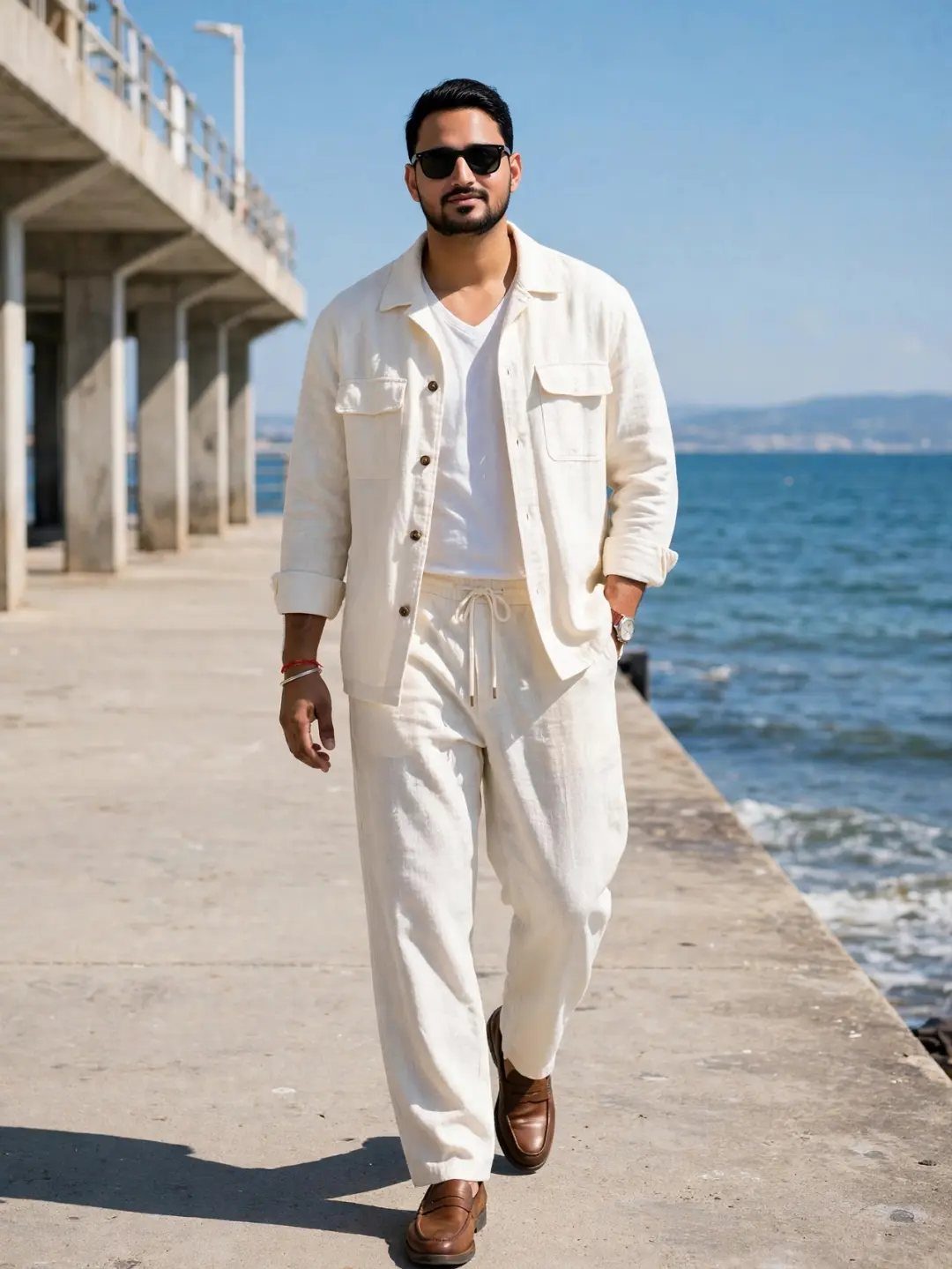 Man in cream linen outfit and sunglasses walking along a sunny seaside pier.