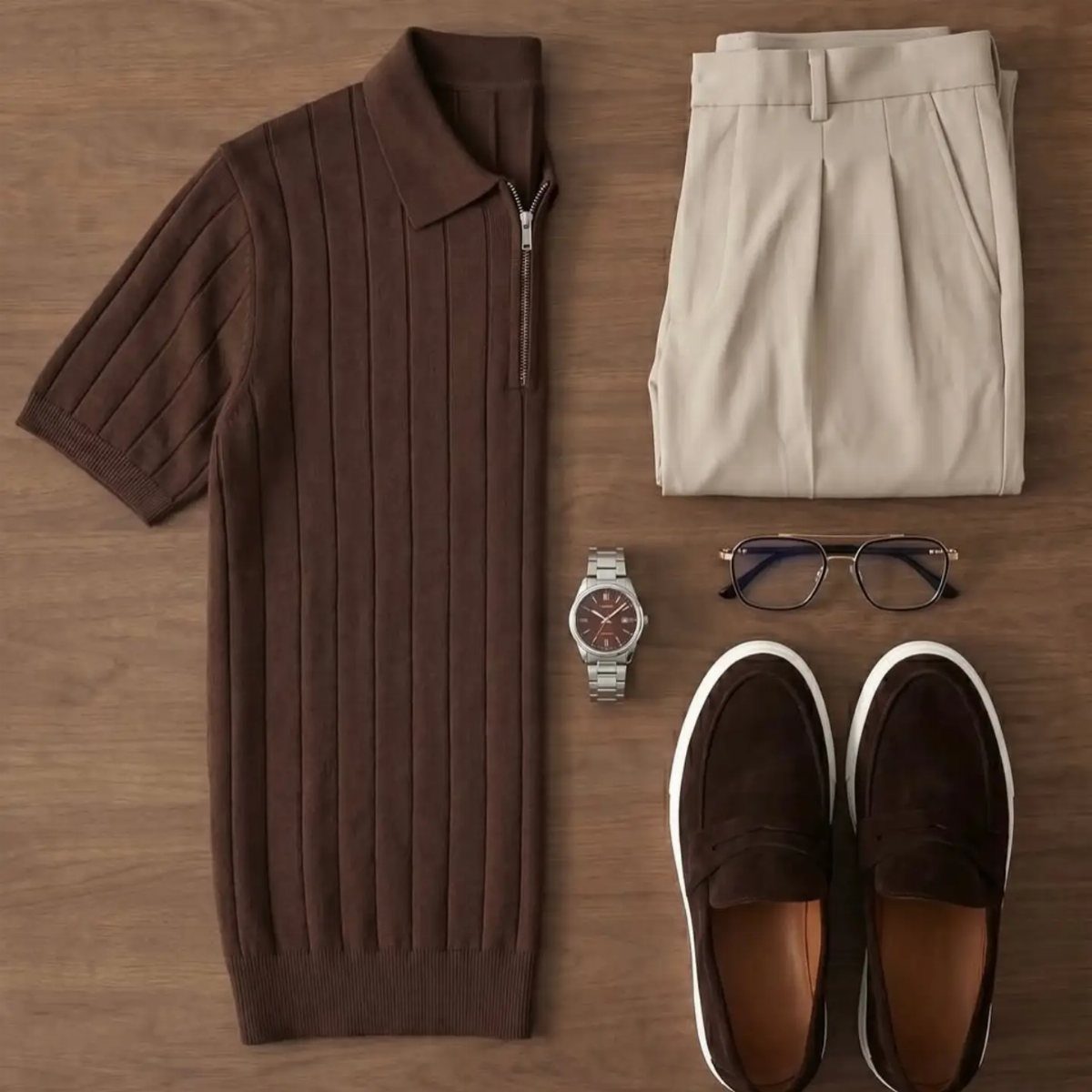 Flat lay of a brown ribbed polo, beige trousers, watch, glasses, and loafers on wood.
