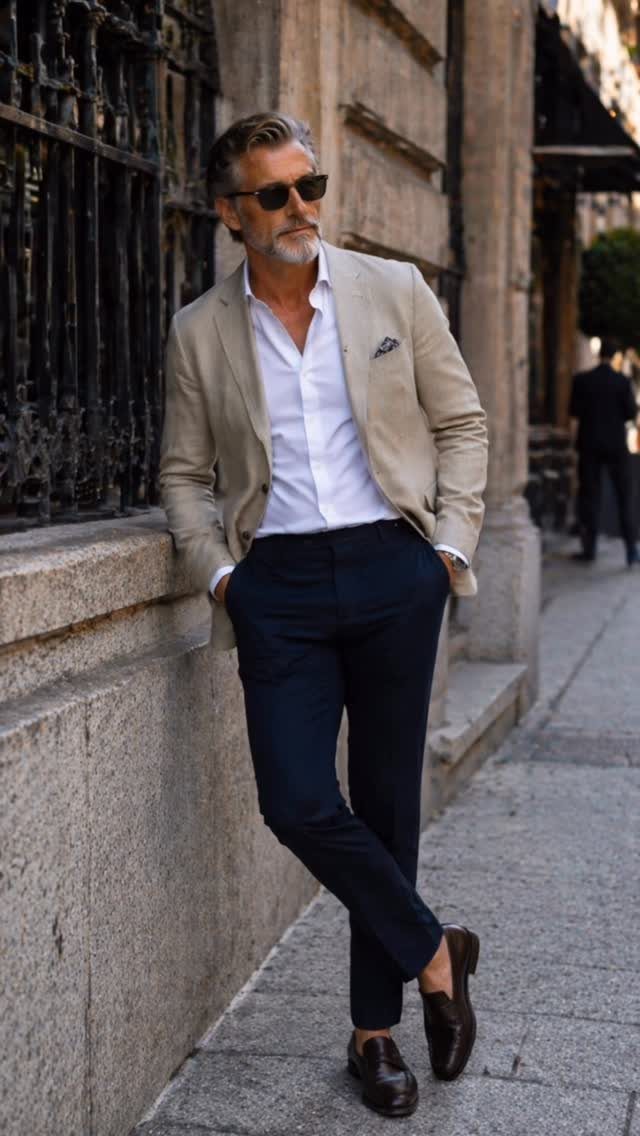Man in beige blazer, white shirt, and navy trousers leaning against a stone wall.